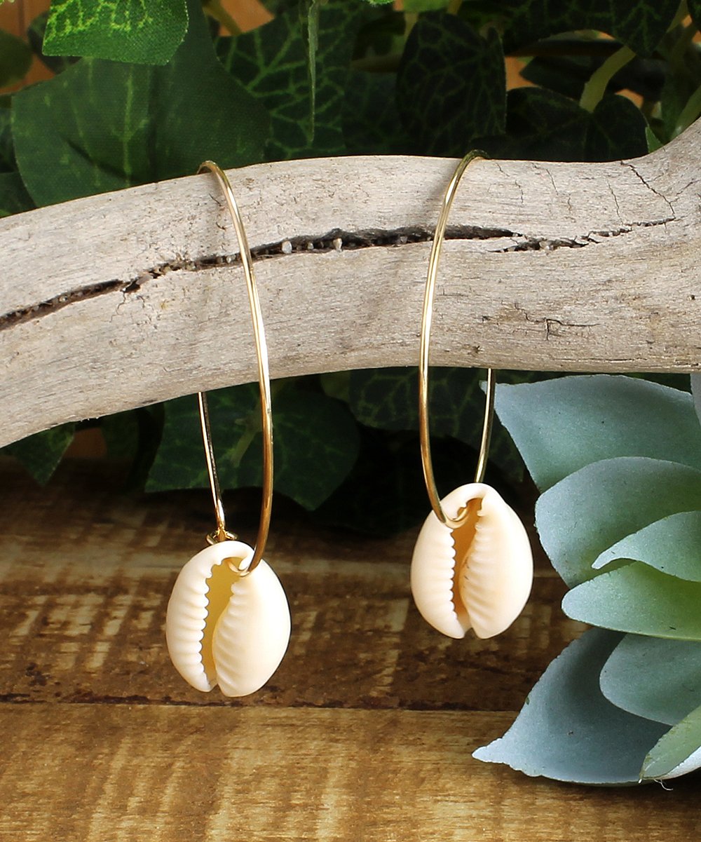 Shimmering Sands Gold Tone Hoop Cowry Shell Earrings
